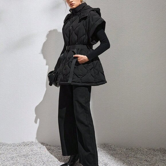 Black Casual Women's Zip Up Belted Vest Puffer Coat - Picture 6 of 7